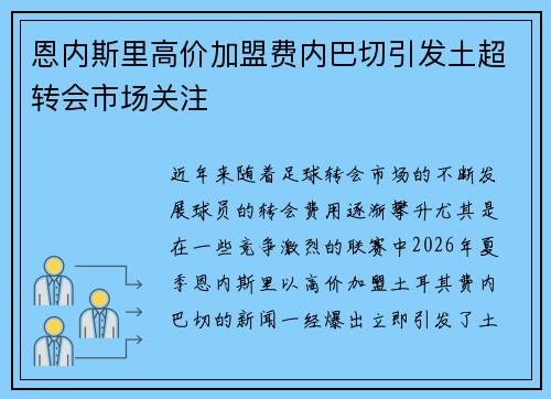 恩内斯里高价加盟费内巴切引发土超转会市场关注