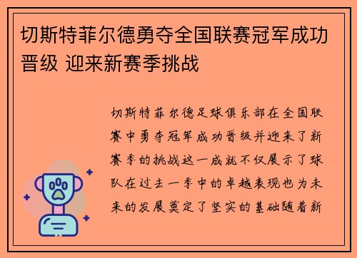切斯特菲尔德勇夺全国联赛冠军成功晋级 迎来新赛季挑战 切斯特菲尔德勇夺全国联赛冠军成功晋级 迎来新赛季挑战