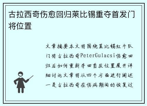 古拉西奇伤愈回归莱比锡重夺首发门将位置 古拉西奇伤愈回归莱比锡重夺首发门将位置