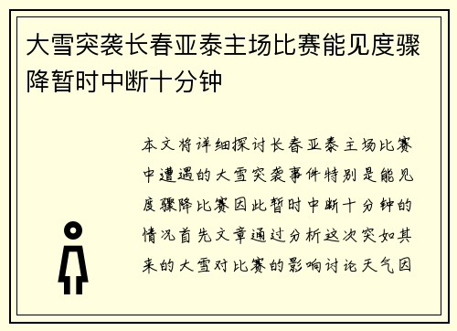 大雪突袭长春亚泰主场比赛能见度骤降暂时中断十分钟 大雪突袭长春亚泰主场比赛能见度骤降暂时中断十分钟