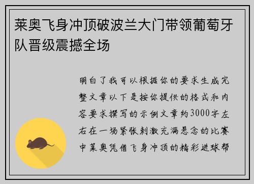 莱奥飞身冲顶破波兰大门带领葡萄牙队晋级震撼全场